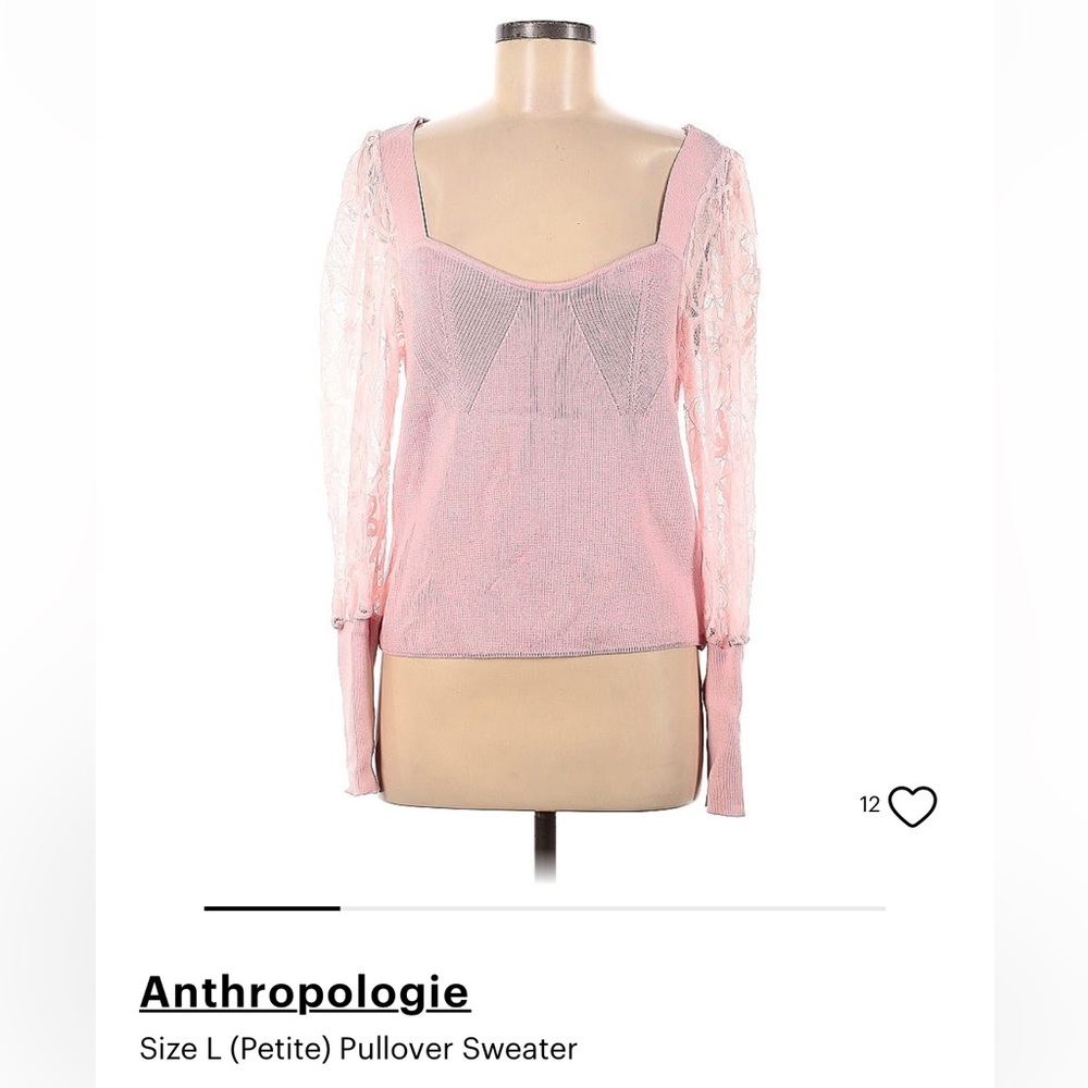 Anthropologie Pink Lace-Sleeve Sweater w/ sweetheart neckline, sz L petite - Picture 2 of 5